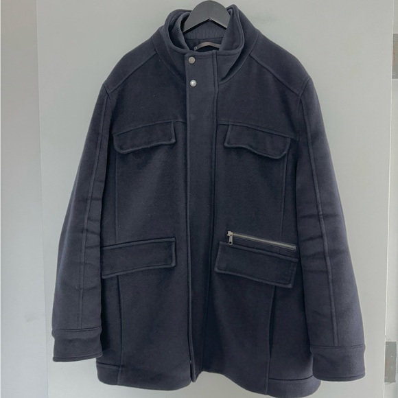 Cole Haan Navy Double Bib Collar Wool Field Coat - Picture 4 of 7